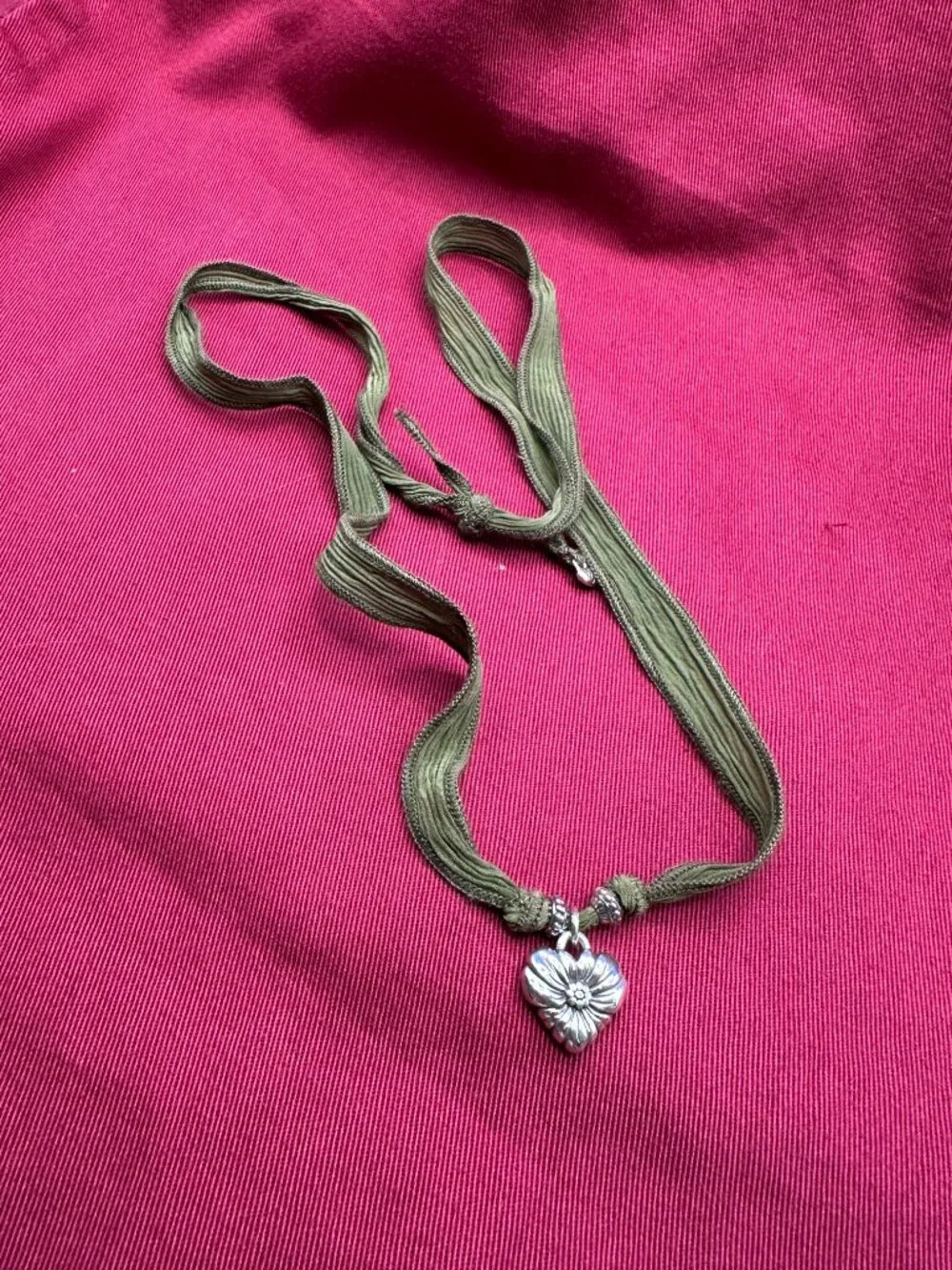 Brighton Silver-Plated Heart Pendant Necklace Fabric Strand